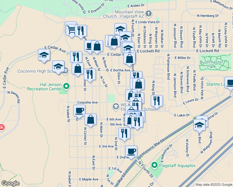 map of restaurants, bars, coffee shops, grocery stores, and more near 2605 North Rose Street in Flagstaff