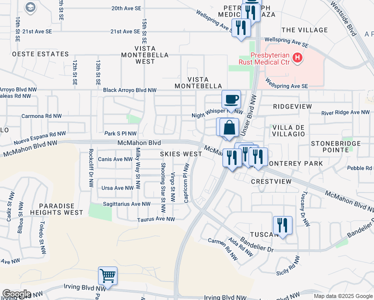 map of restaurants, bars, coffee shops, grocery stores, and more near 10749 Capricorn Place Northwest in Albuquerque