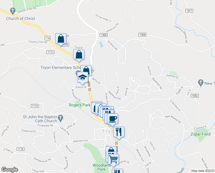 map of restaurants, bars, coffee shops, grocery stores, and more near 204 Grady Avenue in Tryon