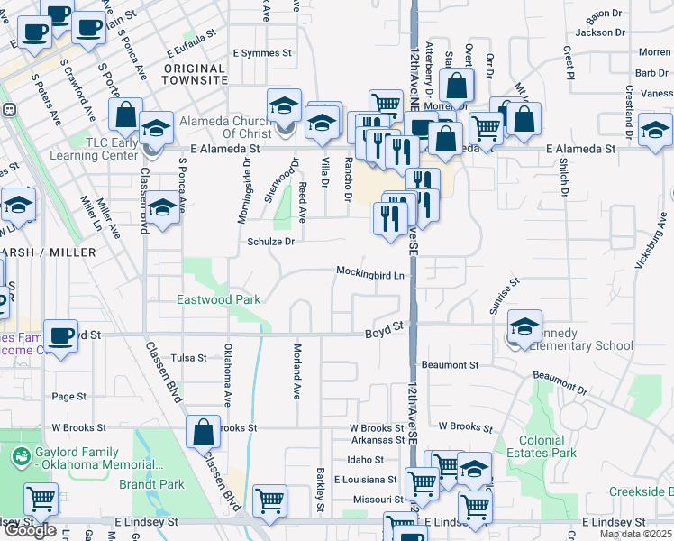 map of restaurants, bars, coffee shops, grocery stores, and more near 903 Barkley Avenue in Norman