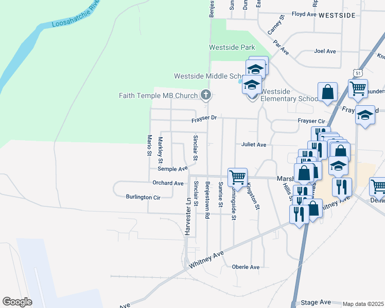 map of restaurants, bars, coffee shops, grocery stores, and more near 3227 Sinclair Street in Memphis