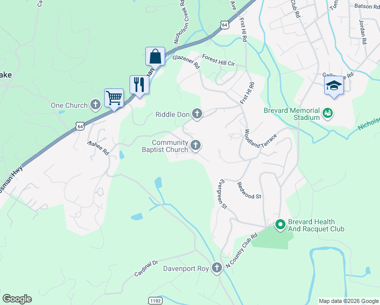 map of restaurants, bars, coffee shops, grocery stores, and more near Frank Riddle Road in Brevard