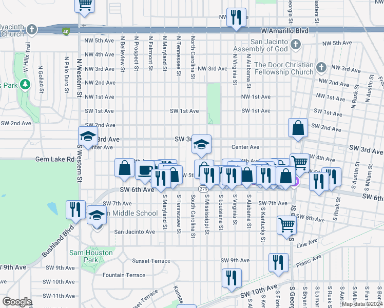map of restaurants, bars, coffee shops, grocery stores, and more near 3400 Northwest 4th Avenue in Amarillo