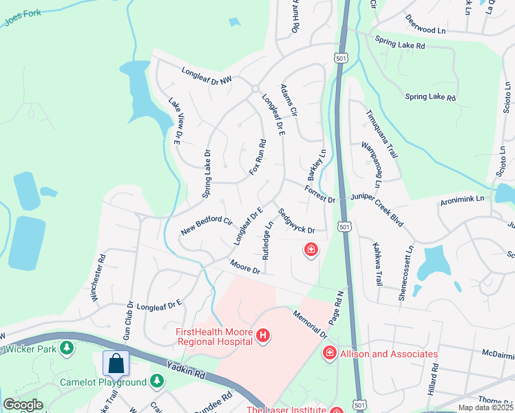 map of restaurants, bars, coffee shops, grocery stores, and more near 1 Cameron Lane in Pinehurst