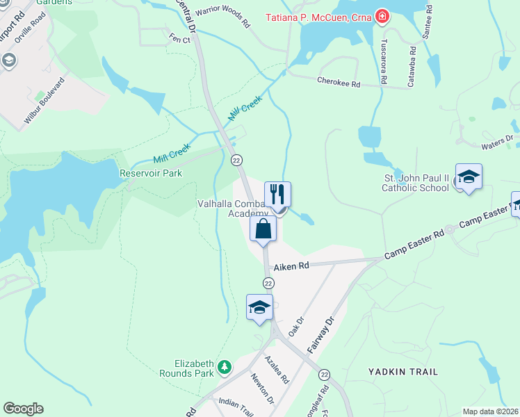 map of restaurants, bars, coffee shops, grocery stores, and more near 1415 Central Drive in Southern Pines