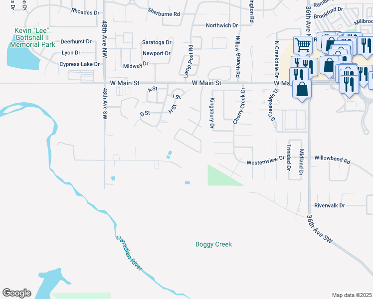 map of restaurants, bars, coffee shops, grocery stores, and more near 4310 Willowpoint Drive in Norman
