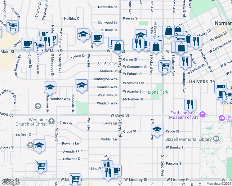 map of restaurants, bars, coffee shops, grocery stores, and more near 1202 Camden Way in Norman