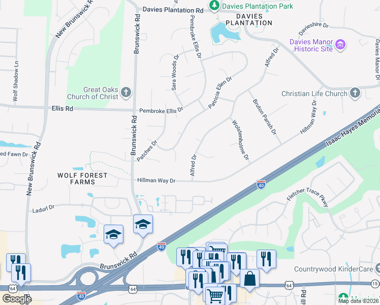 map of restaurants, bars, coffee shops, grocery stores, and more near 3215 Alfred Drive in Memphis