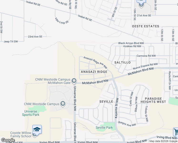 map of restaurants, bars, coffee shops, grocery stores, and more near 6541 Ancients Road Northwest in Albuquerque