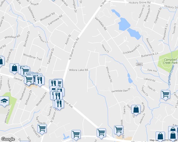 map of restaurants, bars, coffee shops, grocery stores, and more near 5600 Wilora Lake Road in Charlotte