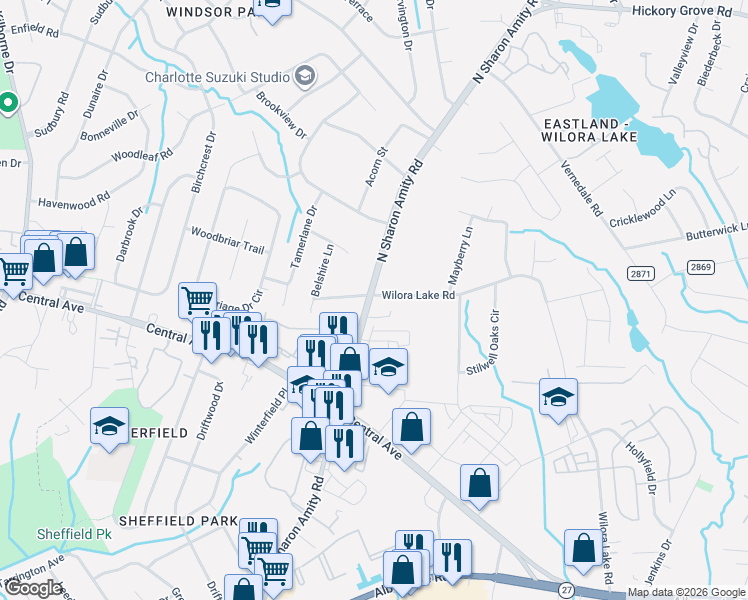 map of restaurants, bars, coffee shops, grocery stores, and more near in Charlotte