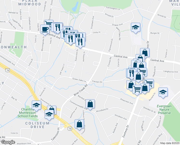 map of restaurants, bars, coffee shops, grocery stores, and more near in Charlotte