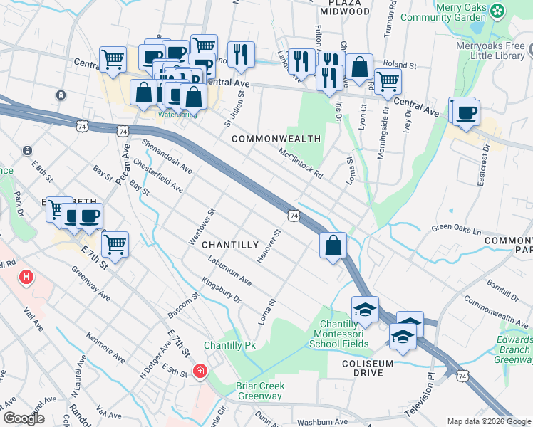 map of restaurants, bars, coffee shops, grocery stores, and more near 2409 Shenandoah Avenue in Charlotte