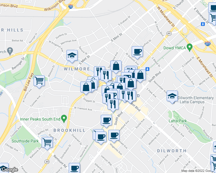 map of restaurants, bars, coffee shops, grocery stores, and more near in Charlotte