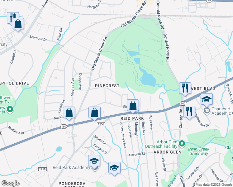 map of restaurants, bars, coffee shops, grocery stores, and more near 2562 Hemphill Street in Charlotte