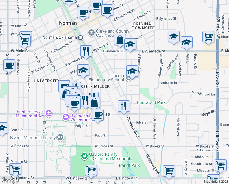 map of restaurants, bars, coffee shops, grocery stores, and more near 217 Ferrill Street in Norman