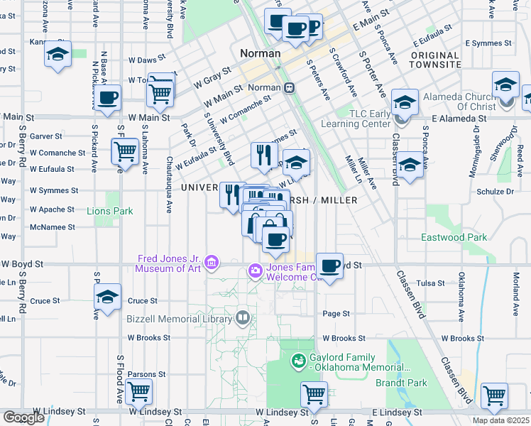 map of restaurants, bars, coffee shops, grocery stores, and more near 425 Buchanan Avenue in Norman