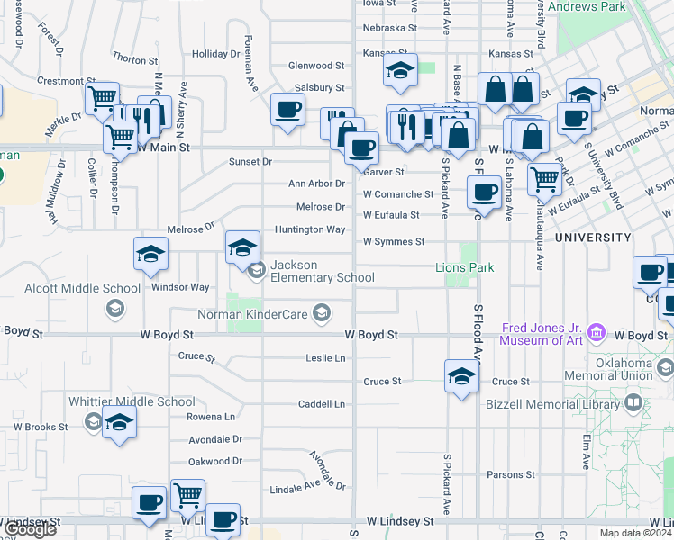 map of restaurants, bars, coffee shops, grocery stores, and more near 1202 Camden Way in Norman
