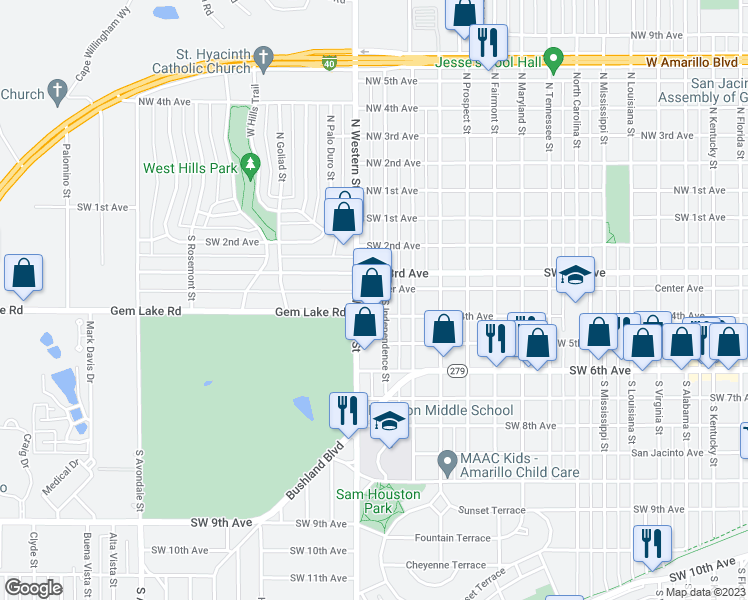 map of restaurants, bars, coffee shops, grocery stores, and more near in Amarillo