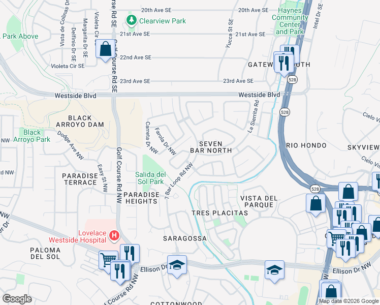 map of restaurants, bars, coffee shops, grocery stores, and more near 3012 BOTON De Oro Road Northwest in Albuquerque