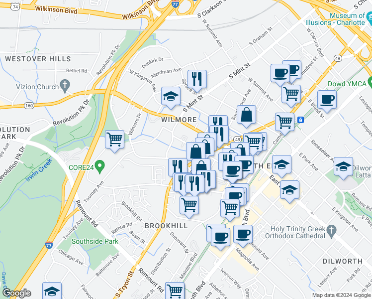 map of restaurants, bars, coffee shops, grocery stores, and more near 1922 Wilmore Walk Drive in Charlotte
