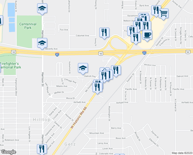 map of restaurants, bars, coffee shops, grocery stores, and more near 2998 Detroit Avenue in Kingman