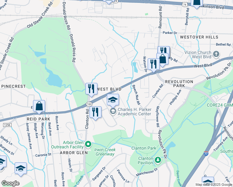 map of restaurants, bars, coffee shops, grocery stores, and more near 1901 West Boulevard in Charlotte