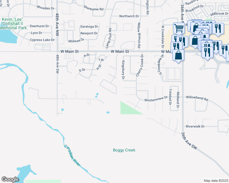 map of restaurants, bars, coffee shops, grocery stores, and more near 4227 Willowpoint Drive in Norman