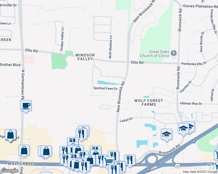 map of restaurants, bars, coffee shops, grocery stores, and more near 8498 Spotted Fawn Drive in Memphis