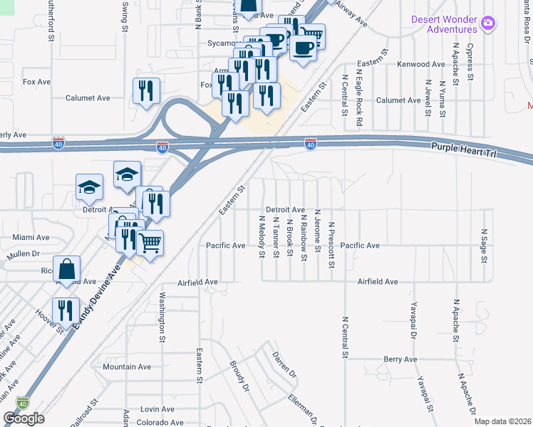 map of restaurants, bars, coffee shops, grocery stores, and more near 3104 North Melody Street in Kingman