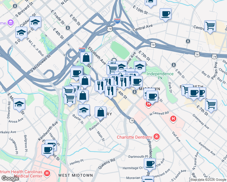 map of restaurants, bars, coffee shops, grocery stores, and more near in Charlotte