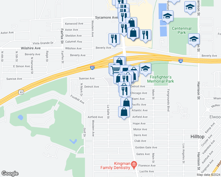 map of restaurants, bars, coffee shops, grocery stores, and more near 1808 Detroit Avenue in Kingman