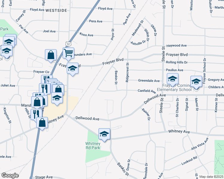 map of restaurants, bars, coffee shops, grocery stores, and more near 1246 Canfield Avenue in Memphis