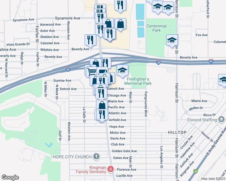 map of restaurants, bars, coffee shops, grocery stores, and more near 1930 Detroit Avenue in Kingman