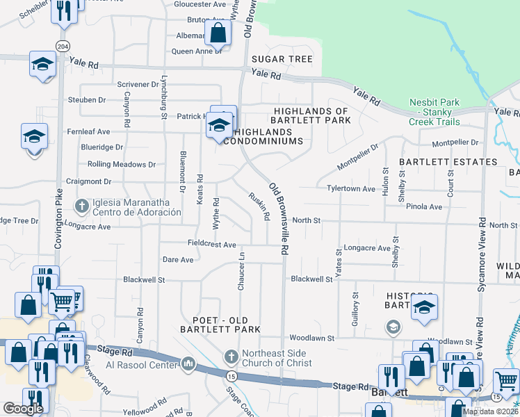 map of restaurants, bars, coffee shops, grocery stores, and more near 3232 Ruskin Road in Memphis