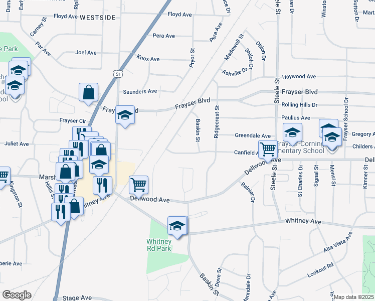map of restaurants, bars, coffee shops, grocery stores, and more near 1236 Canfield Avenue in Memphis