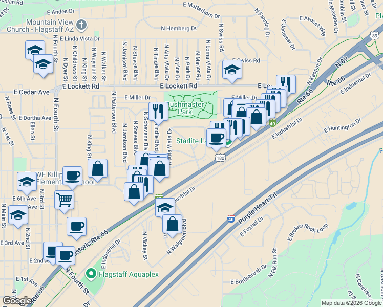 map of restaurants, bars, coffee shops, grocery stores, and more near 3104 East Pine Drive in Flagstaff