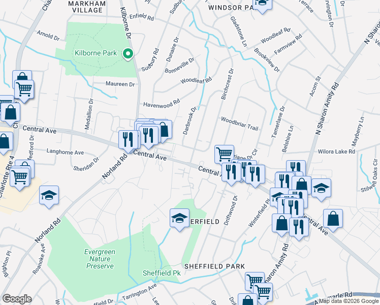 map of restaurants, bars, coffee shops, grocery stores, and more near 1623 Lansdale Drive in Charlotte