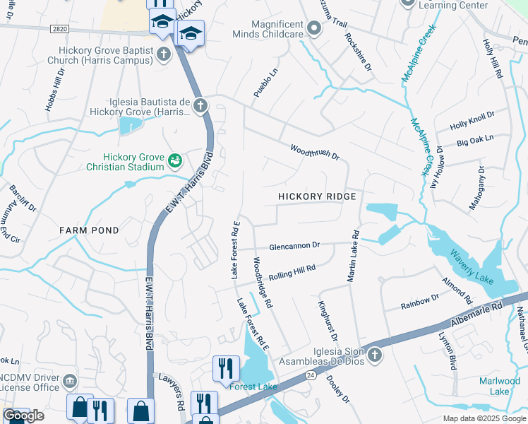 map of restaurants, bars, coffee shops, grocery stores, and more near 6004 Long Pine Drive in Charlotte