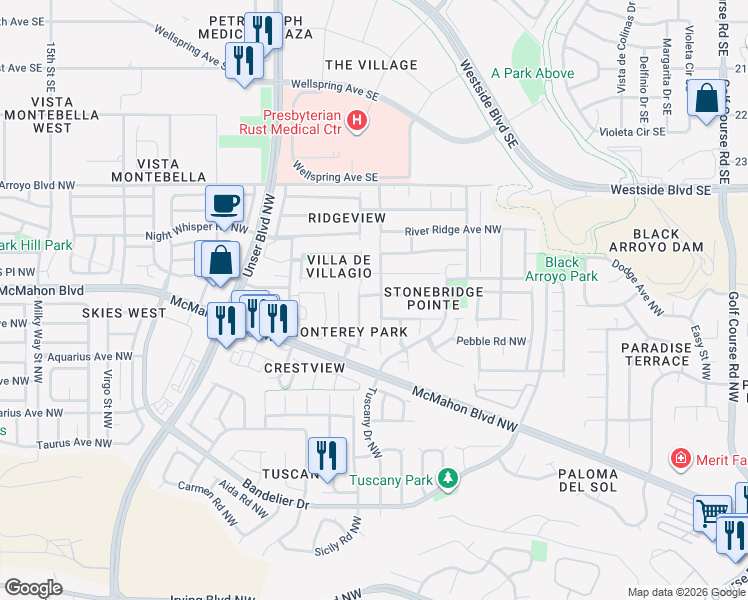 map of restaurants, bars, coffee shops, grocery stores, and more near 10827 Stonebrook Place Northwest in Albuquerque