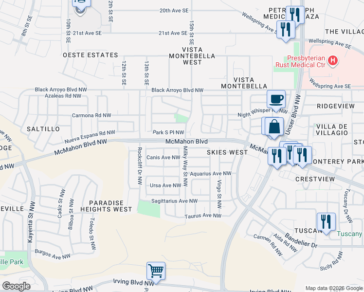 map of restaurants, bars, coffee shops, grocery stores, and more near 6005 Celestial Avenue Northwest in Albuquerque