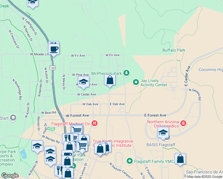 map of restaurants, bars, coffee shops, grocery stores, and more near 1620 North San Francisco Street in Flagstaff