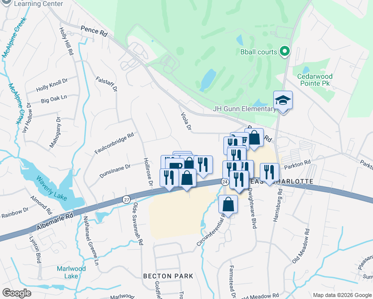 map of restaurants, bars, coffee shops, grocery stores, and more near 5402 Jaslie Lane in Charlotte
