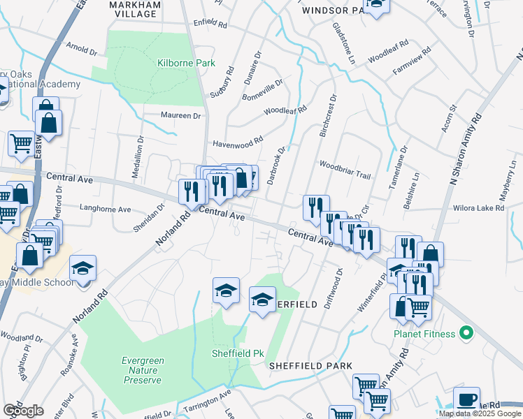map of restaurants, bars, coffee shops, grocery stores, and more near 4463 Central Avenue in Charlotte