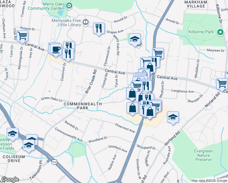 map of restaurants, bars, coffee shops, grocery stores, and more near 1416 Cyrus Drive in Charlotte