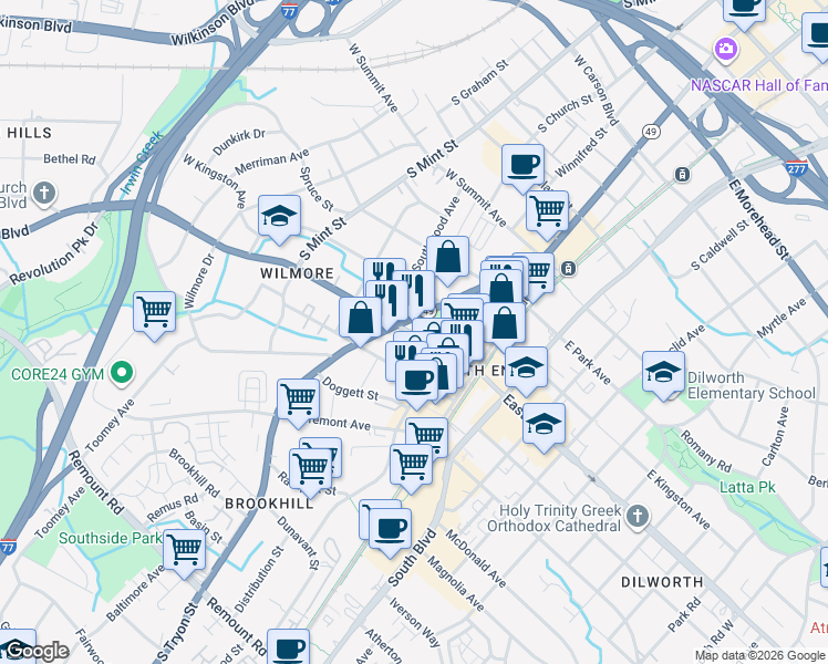 map of restaurants, bars, coffee shops, grocery stores, and more near in Charlotte