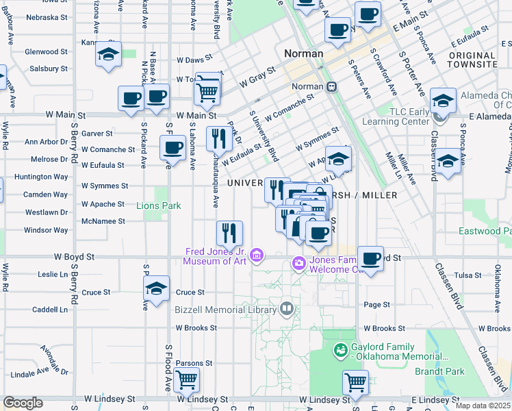 map of restaurants, bars, coffee shops, grocery stores, and more near 425 Elm Avenue in Norman