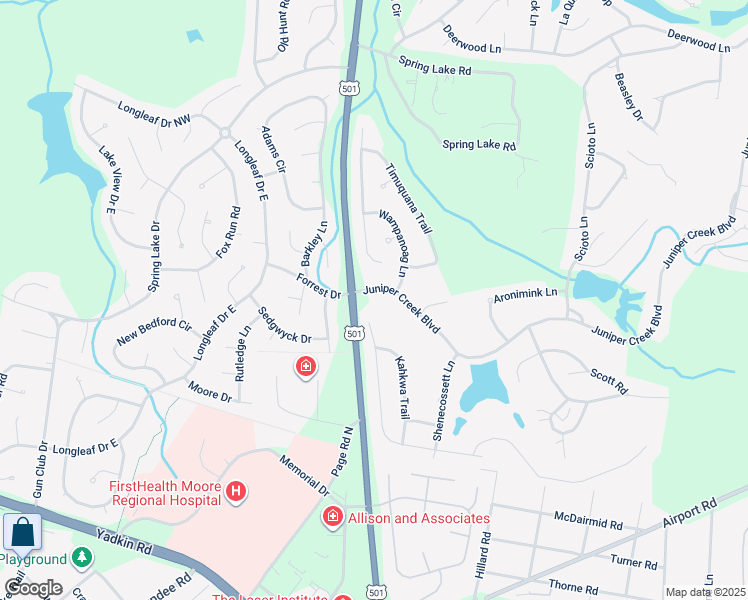 map of restaurants, bars, coffee shops, grocery stores, and more near 2 Juniper Creek Boulevard in Pinehurst