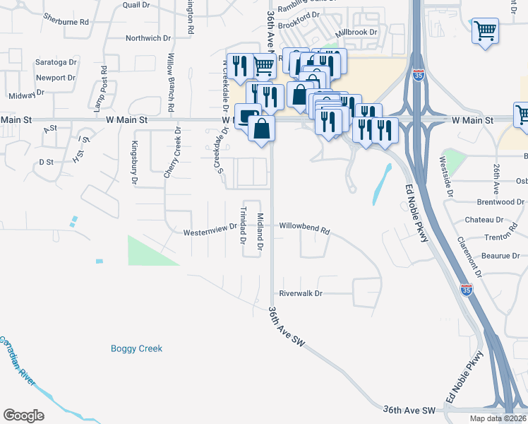 map of restaurants, bars, coffee shops, grocery stores, and more near 408 Midland Drive in Norman