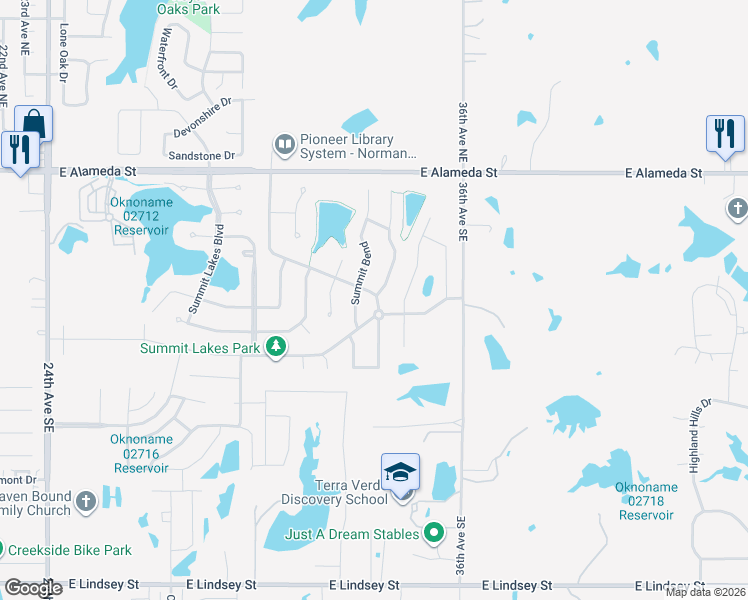 map of restaurants, bars, coffee shops, grocery stores, and more near 500 Ridge Lake Blvd in Norman